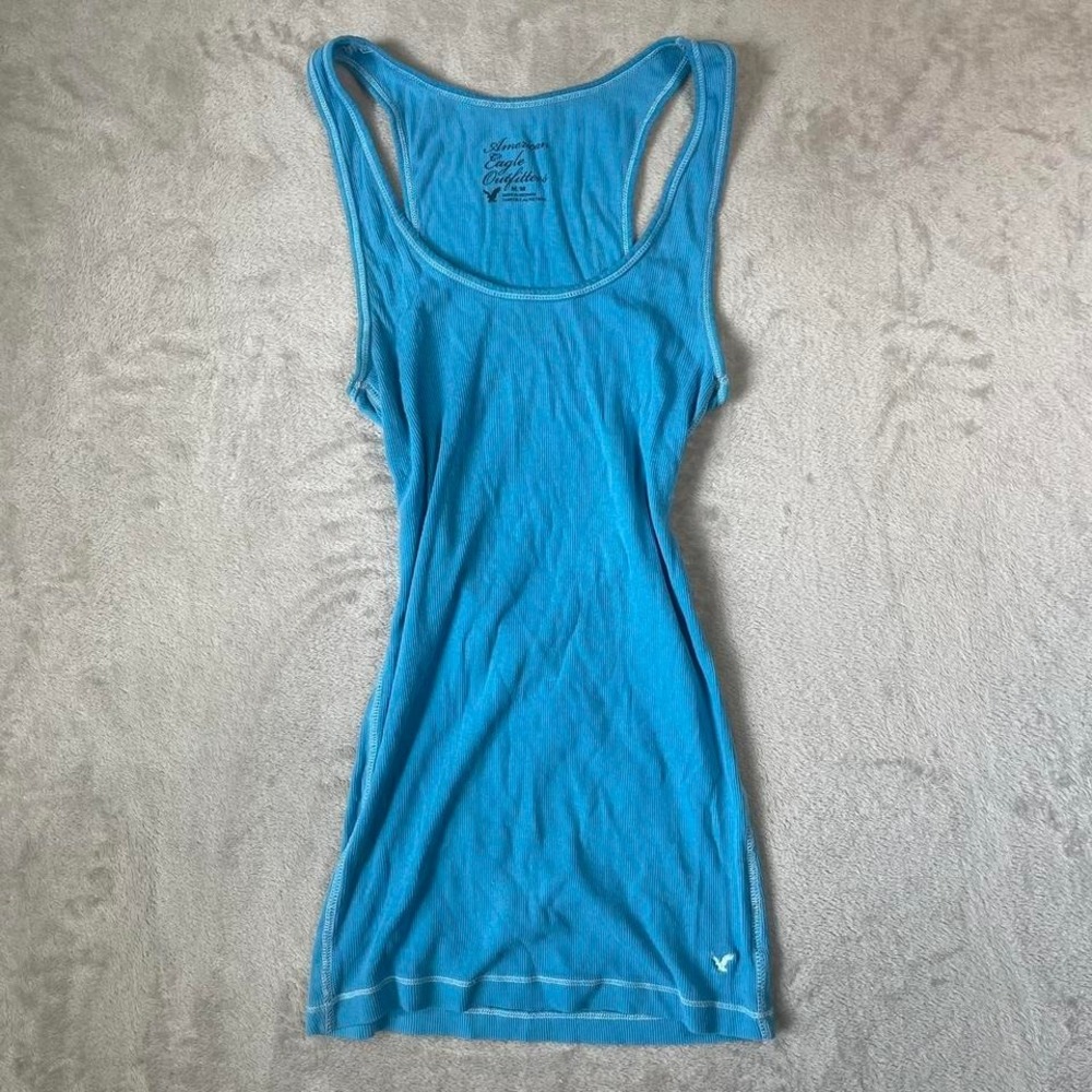 Y2k Bella Swan American Eagle Embroidered Ribbed Blue Tank Top